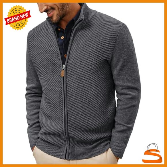 Men's Full Zip Cardigan Sweater Slim Fit Recycled Polyester Knit - Picture 2 of 8